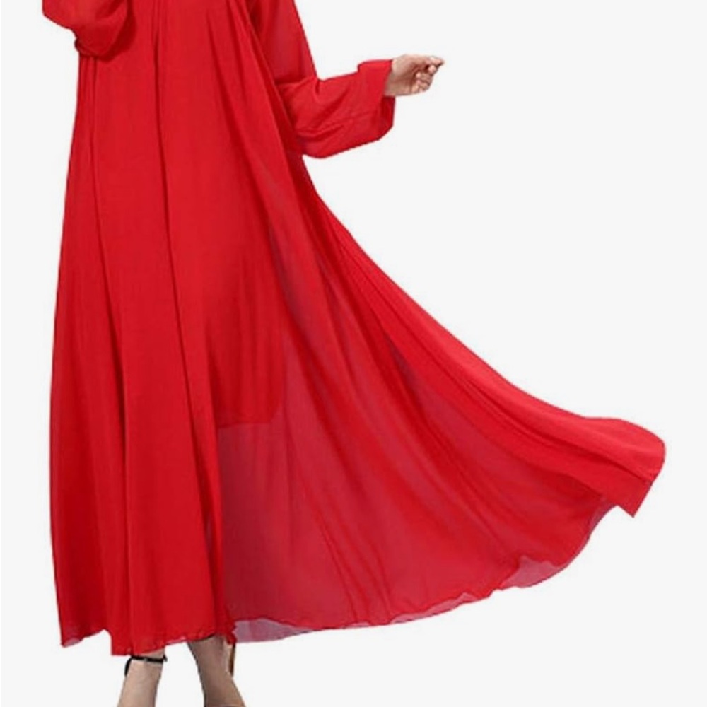 Buenos Ninos Women’s Long Sleeve Red Chiffon Maxi Dress S w Belt